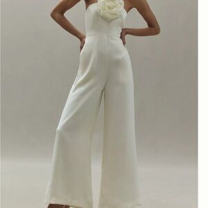 Mac Duggal Strapless Cream Jumpsuit with Floral Detail